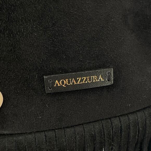 Aquazzura Black Suede Gytane Mini Fringe Trim Drawstring Hobo Crossbody Bag - Picture 6 of 10